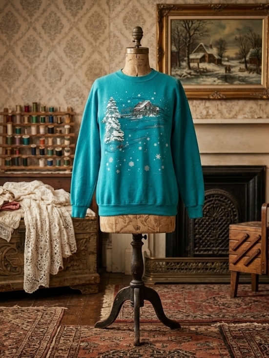 Weekend Edition Tops - Vintage Weekend Edition Teal Cabin Snow Scene Sweatshirt 90s M